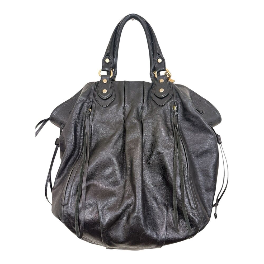 Botkier Black Leather Shoulder Satchel Bag Zip Pockets Fringe Removable Strap